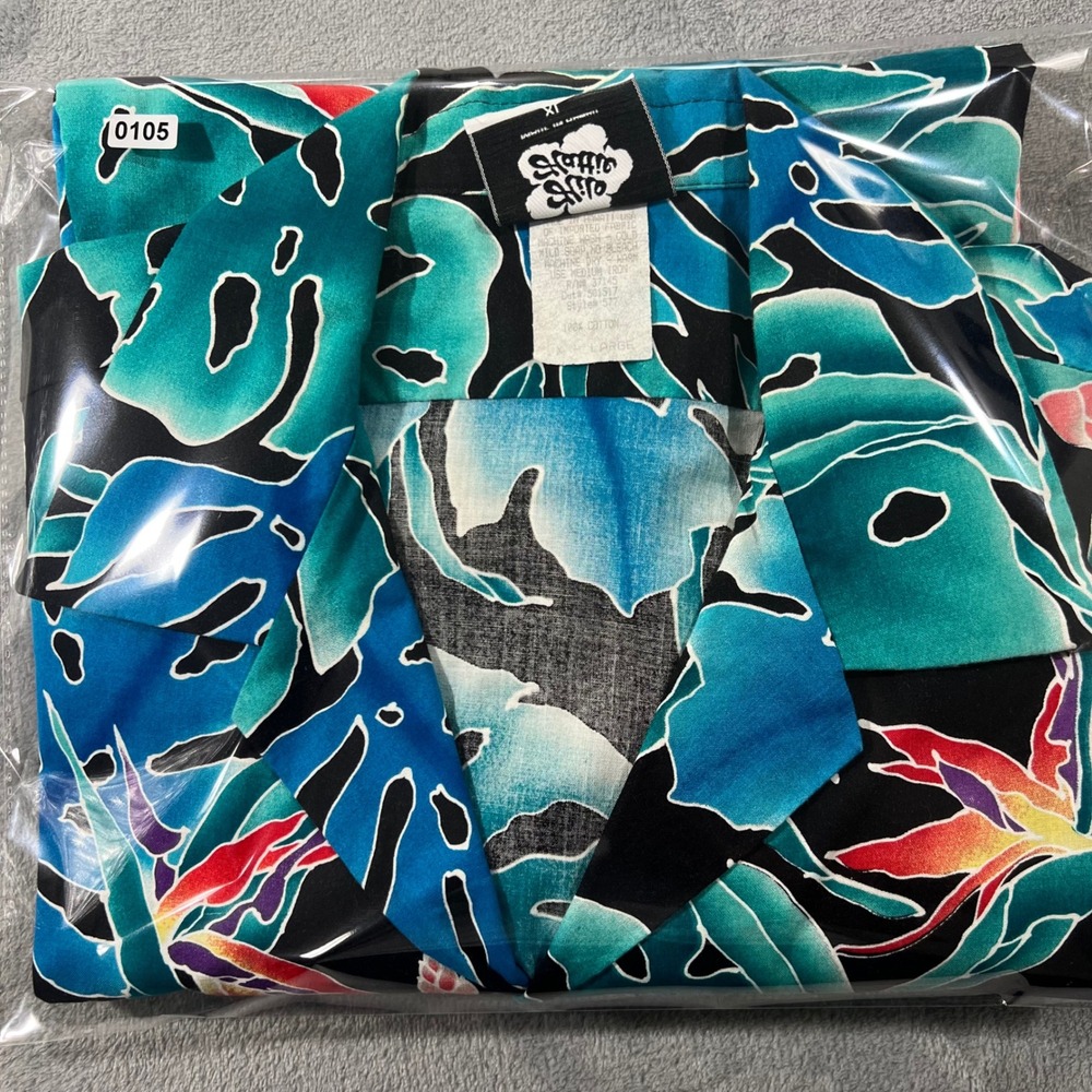 VTG Hilo Hattie Hawaiian Shirt Mens XL Blue Teal Monstera Bird of Paradise - Picture 7 of 7